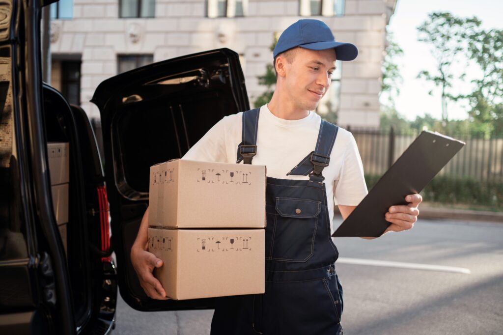 The postman delivers the package. Courier in uniform home delivery of groceries